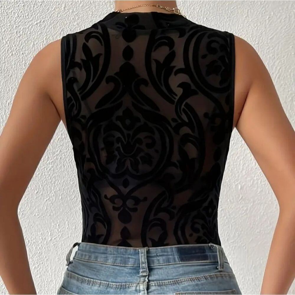 Elegant Sexy Geometric-Patterned Black Sleeveless Bodysuit Knit Fabric Crew Neck - Picture 5 of 11